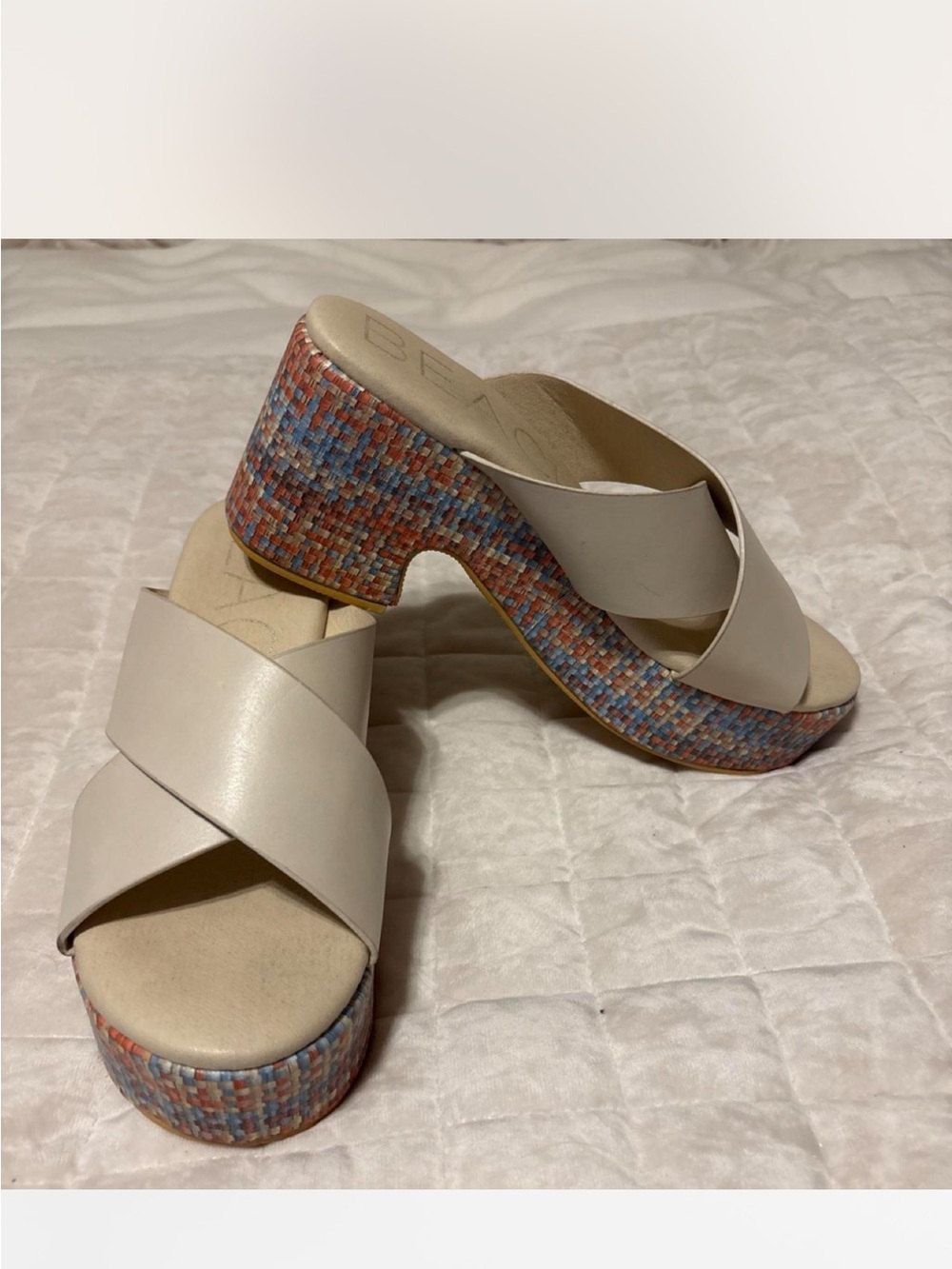 Beach Cream Leather Crossover Platform Mules with Multicolor Woven Heel